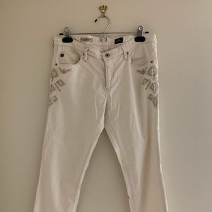 Anthropologie white pants with embroidered detail